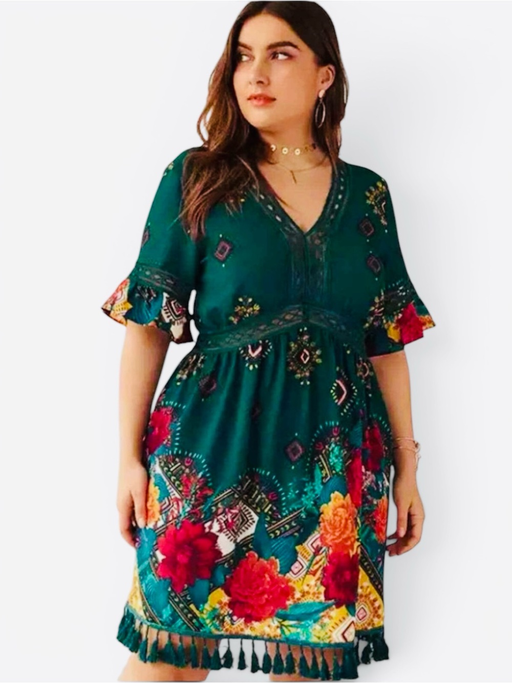 Floral Tassel Hem Green V-Neck Dress - Picture 3 of 11